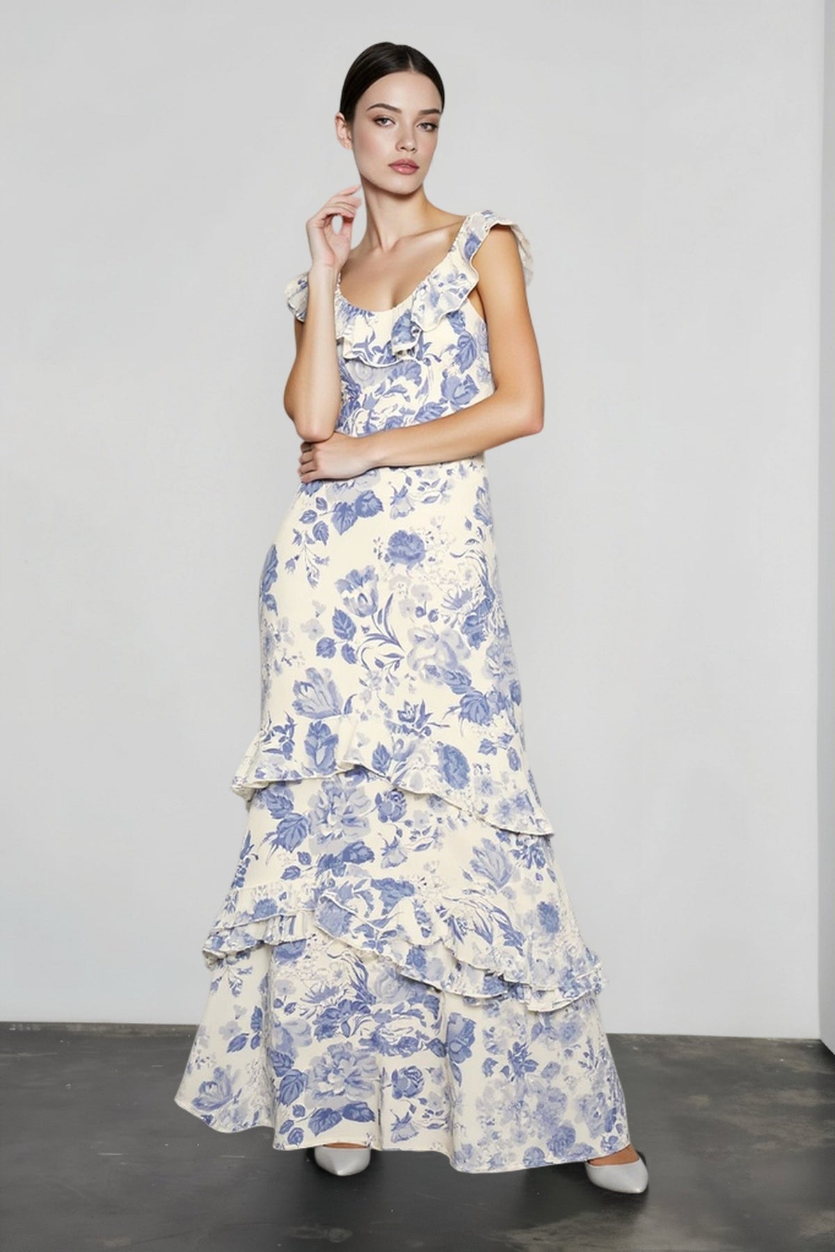 Floral Ruffle Strap Scoop Neck Tiered Maxi Dress