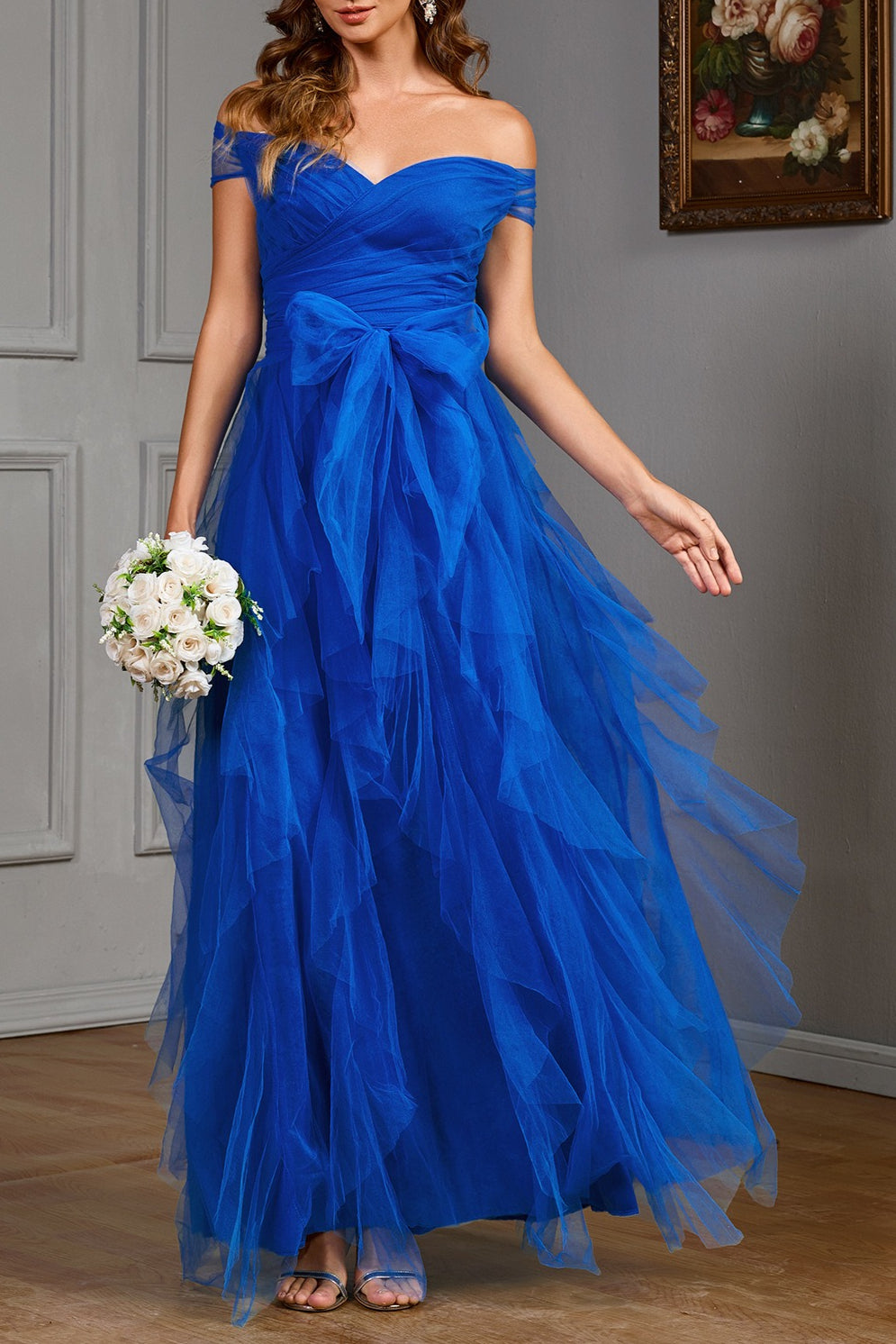 Off Shoulder Sweetheart Ruched Tiered Tulle A-Line Maxi Gown - View 5