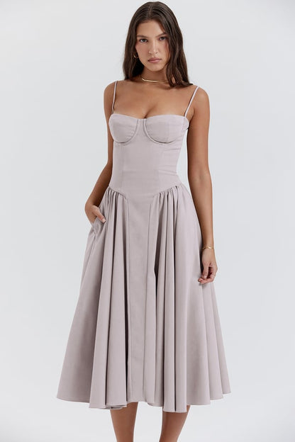 Spaghetti Strap Corset Bodice Pleated Fit and Flare Midi Dress - View 24