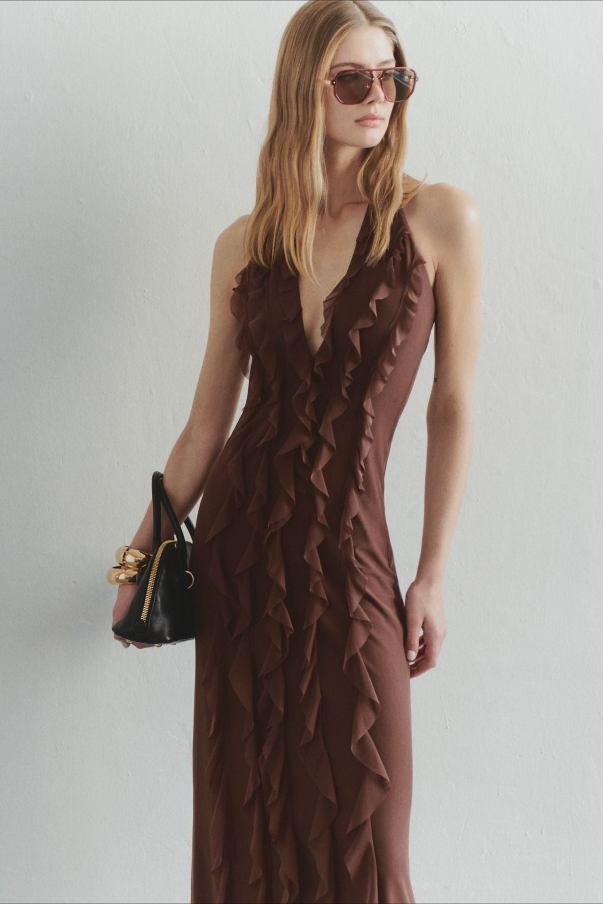 Chiffon Halter Deep V-Neck Ruffle Trim Backless Slip Maxi Dress - View 7