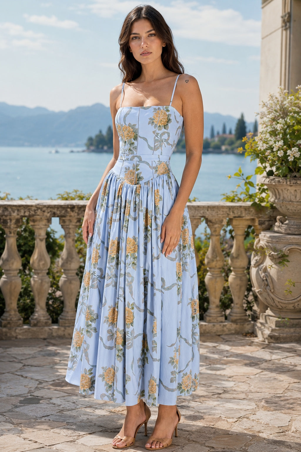 Square Neck Floral Corset Bodice Full Skirt Midi Dress 11