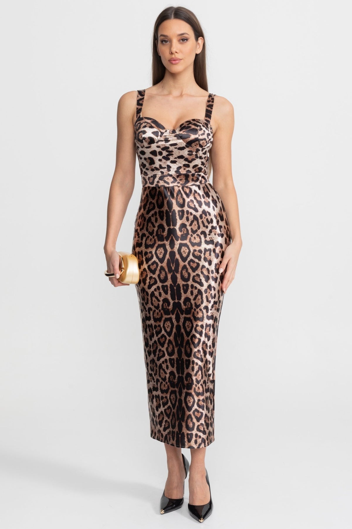 Satin Midi Dress with Leopard Print – Brown - View 2