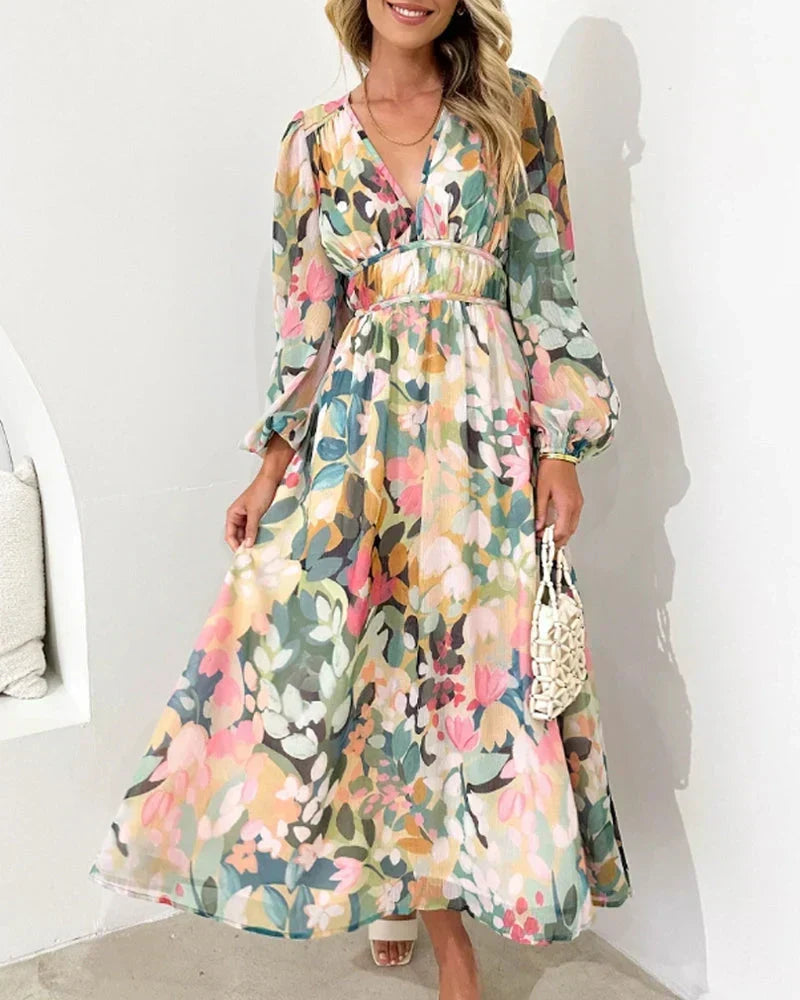Floral Print V-Neck Long Sleeve Belted Maxi Dress 4