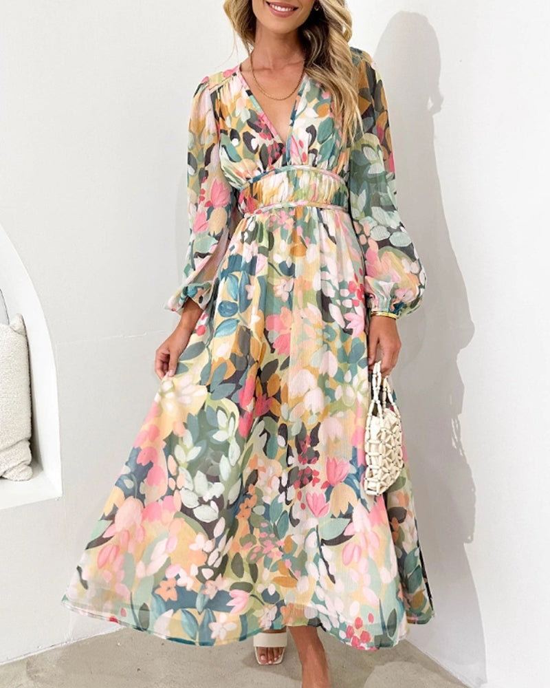 Floral Chiffon V-Neck Long Sleeve Ruched Waist Maxi Dress 2