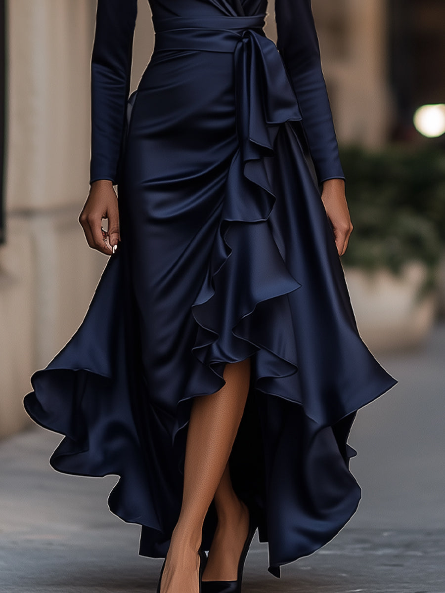 Deep V-Neck Long Sleeve Ruffle Wrap Satin Maxi Dress 3