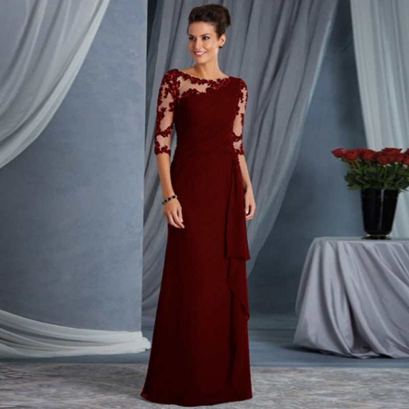 Lace Illusion Boat Neck Three Quarter Sleeve Ruched Maxi Gown - View 4