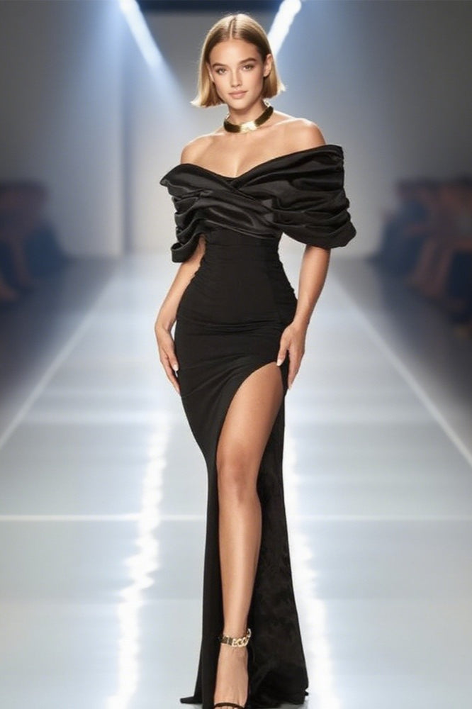 Satin Off Shoulder Ruched High Split Mermaid Gown - View 9