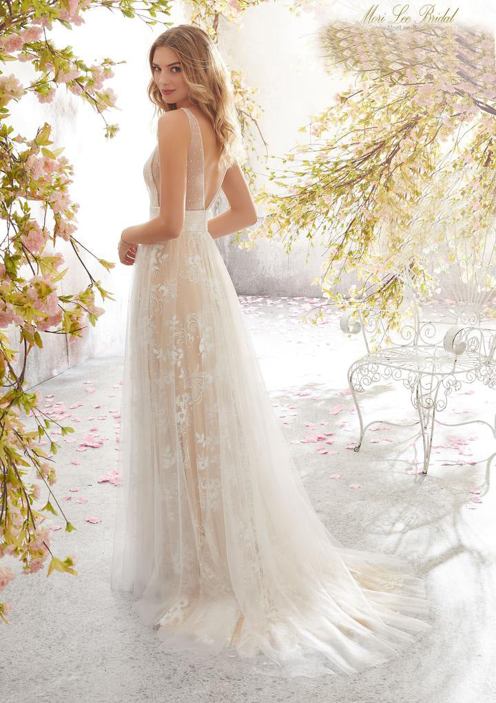 Lace Floral Deep V-Neck Sleeveless Beaded Waist Cape Train Gown - View 3