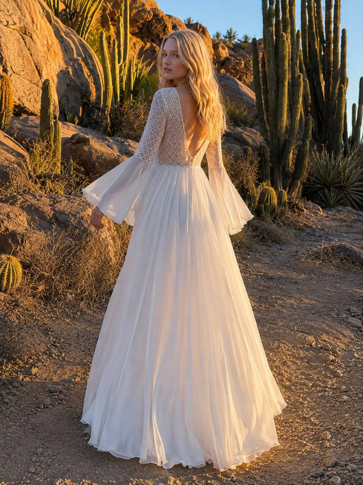 Deep V-Neck Bell Sleeve Crochet Lace Bodice Maxi Dress 2
