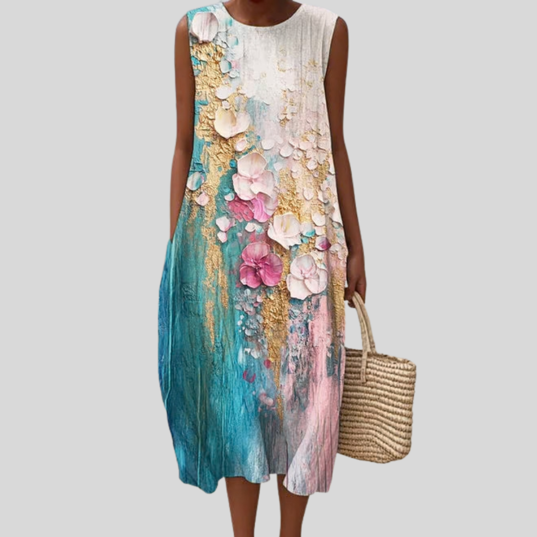 Floral Print Sleeveless Round Neck Midi Dress