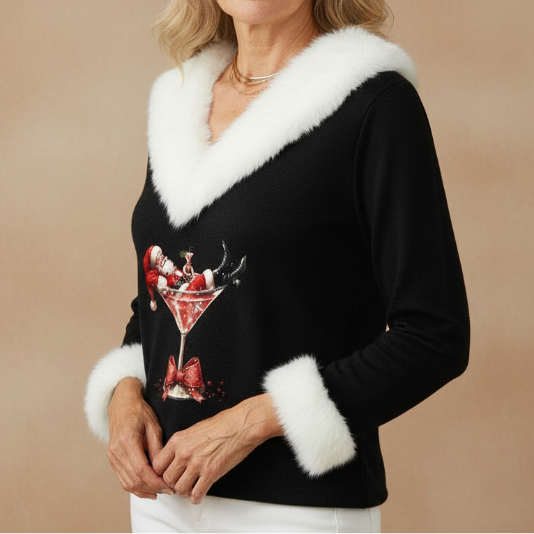 Faux Fur Trim V-Neck Long Sleeve Christmas Print Top 3