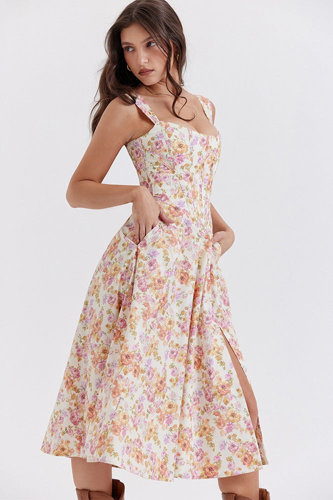 Floral Print Sweetheart Corset A-Line Midi Dress - View 3