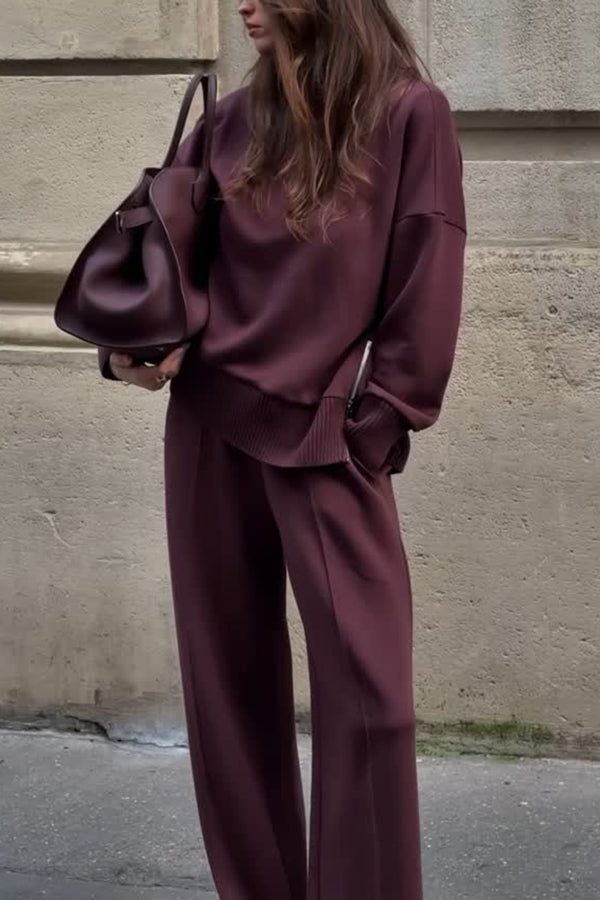 Satin Long Sleeve Top and Wide Leg Pants Two Piece Set