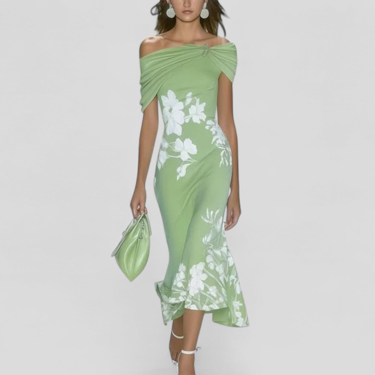 Floral Off Shoulder Twist Front Fit and Flare Midi Dress 2