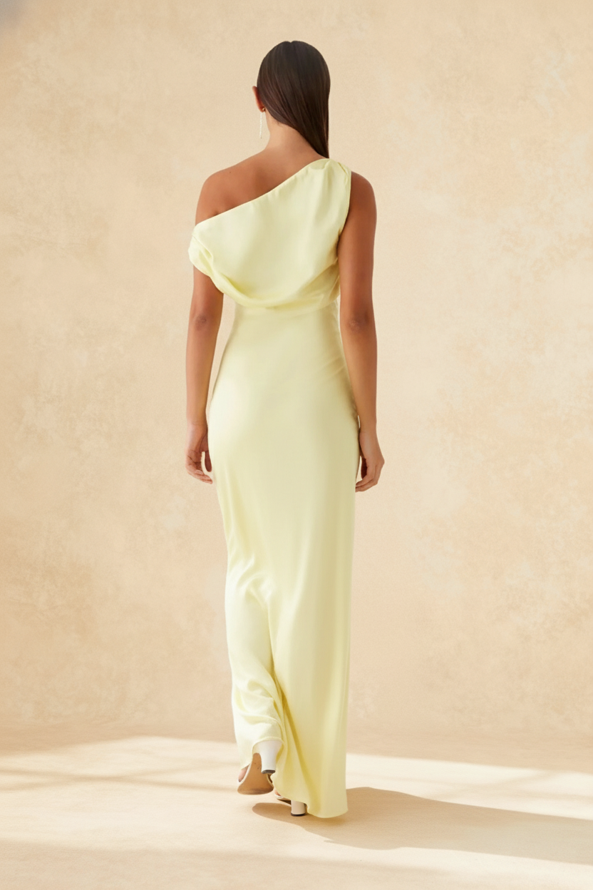 Satin One Shoulder Draped Mermaid Gown - View 5