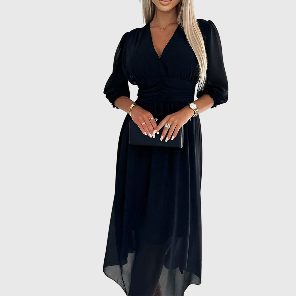 V-Neck Balloon Sleeve Ruched Waist Chiffon Midi Dress 7