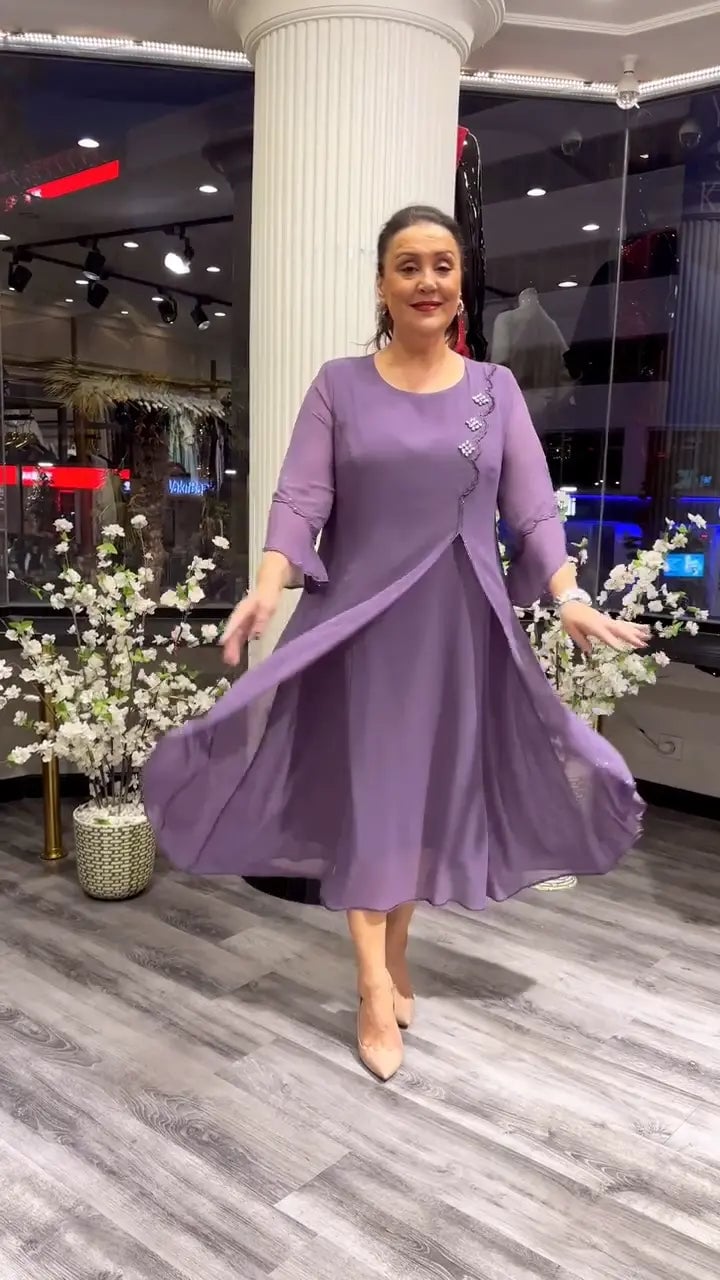 Chiffon Floral Applique Bell Sleeve A-Line Midi Dress - View 10