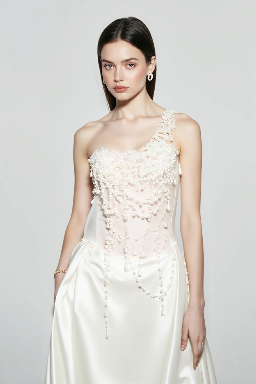 Satin One Shoulder Pearl Beaded A-Line Prom Dress