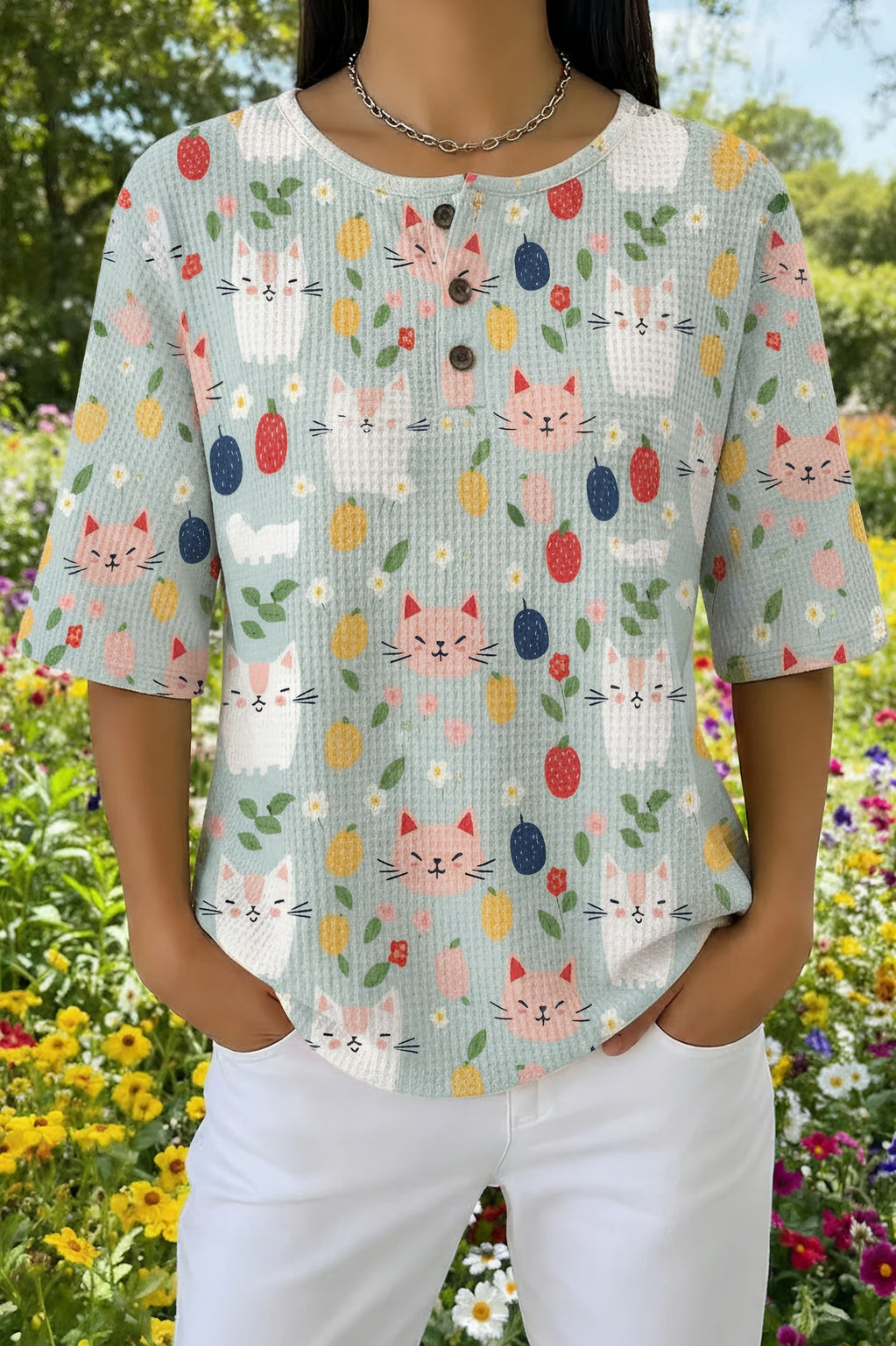 Round Neck Cat Print Waffle Knit Henley Top