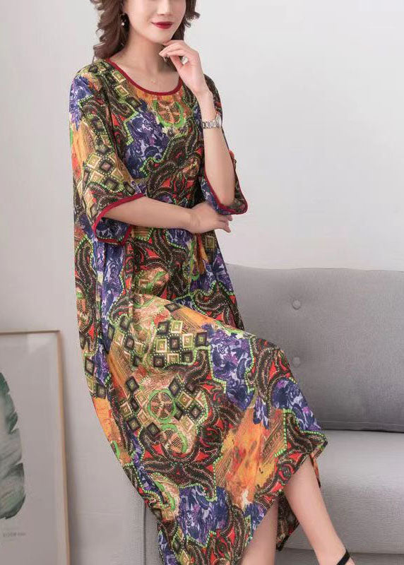 Mixed Print Crew Neck Kimono Sleeve Contrast Trim Shift Midi Dress - View 2