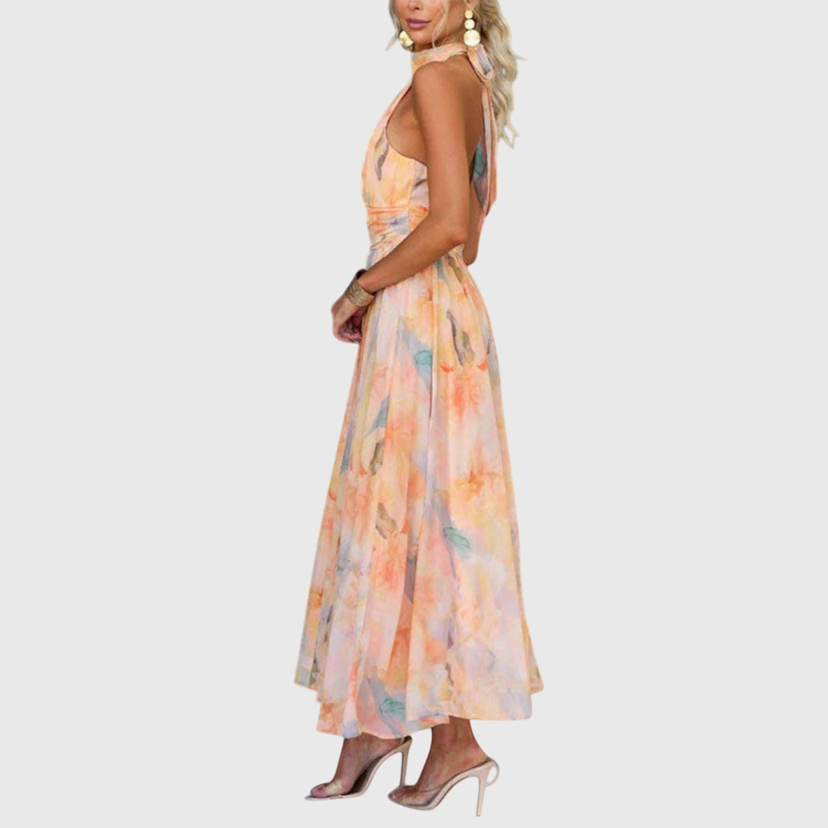 Watercolor Floral Halter Neck Sleeveless Maxi Dress 5
