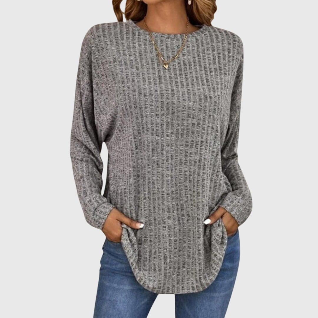 Crew Neck Long Sleeve Ribbed Knit Curved Hem Top 3