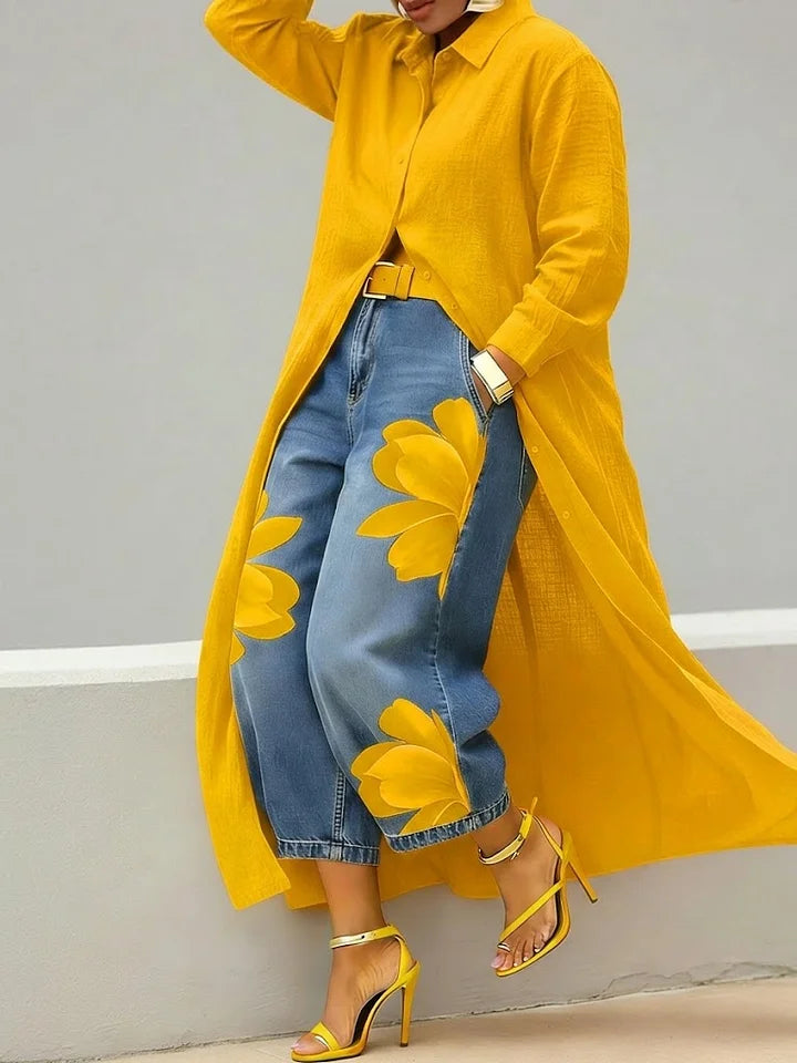 Long Sleeve Duster Shirt and Floral Wide Leg Jeans Two Piece Set 5