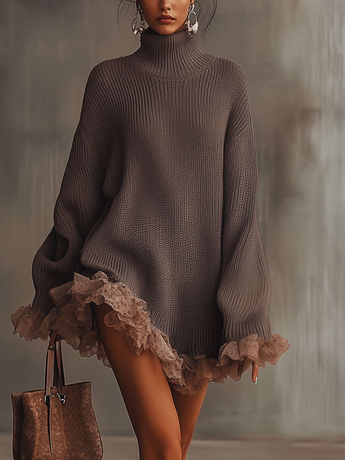 Turtleneck Oversized Tulle Ruffle Hem Sweater Dress