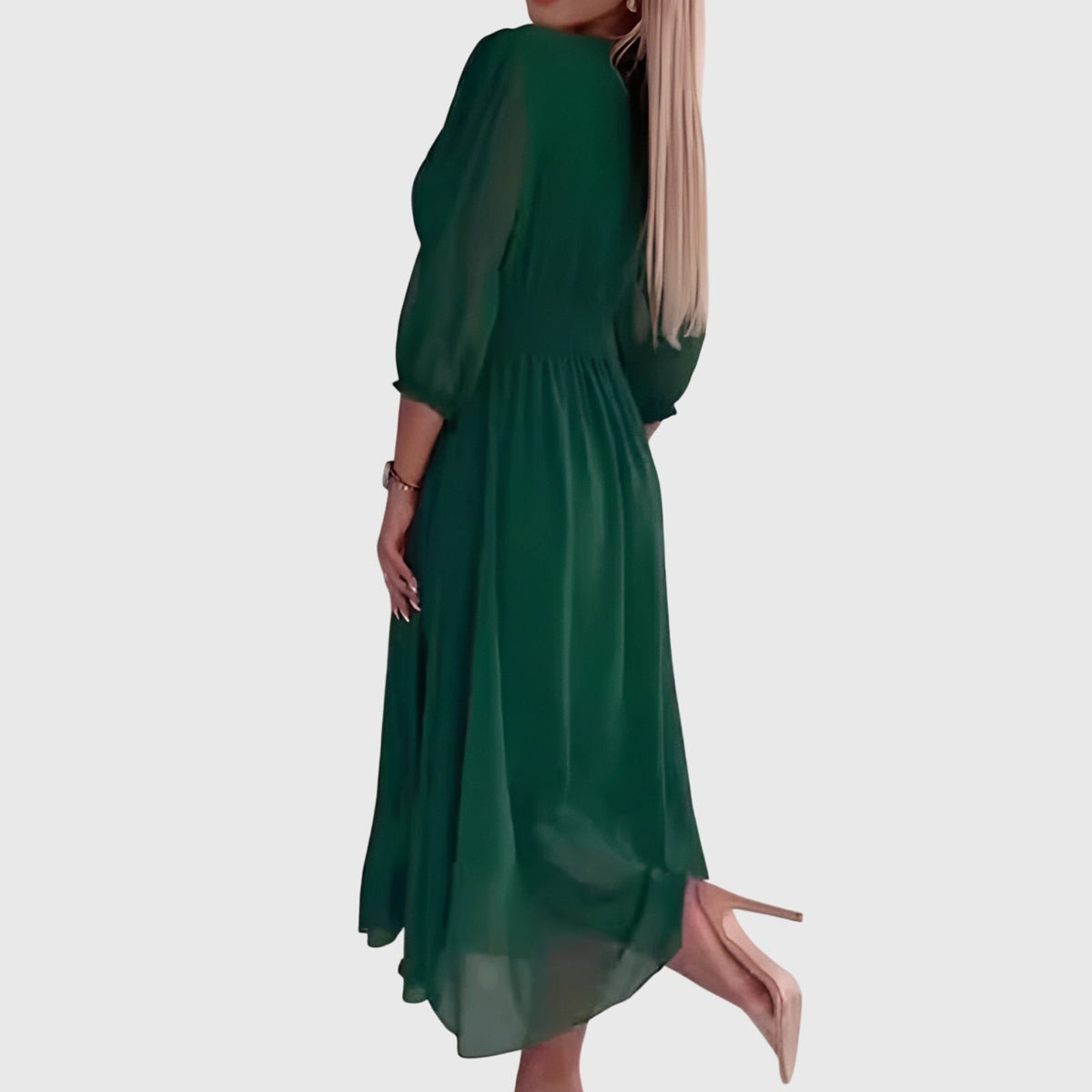 V-Neck Balloon Sleeve Ruched Waist Chiffon Midi Dress 5