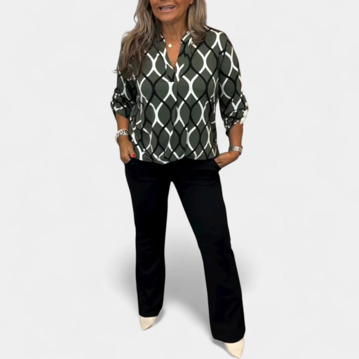Geometric Print Collared Long Sleeve Blouse 9