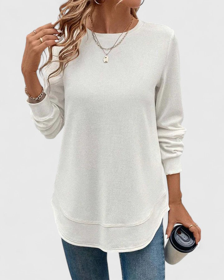 Crew Neck Long Sleeve Waffle Knit Curved Hem Top 6