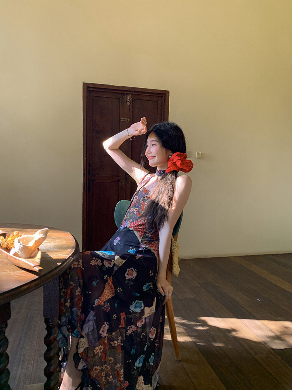 Floral Patchwork Spaghetti Strap Ruffle Maxi Dress 33