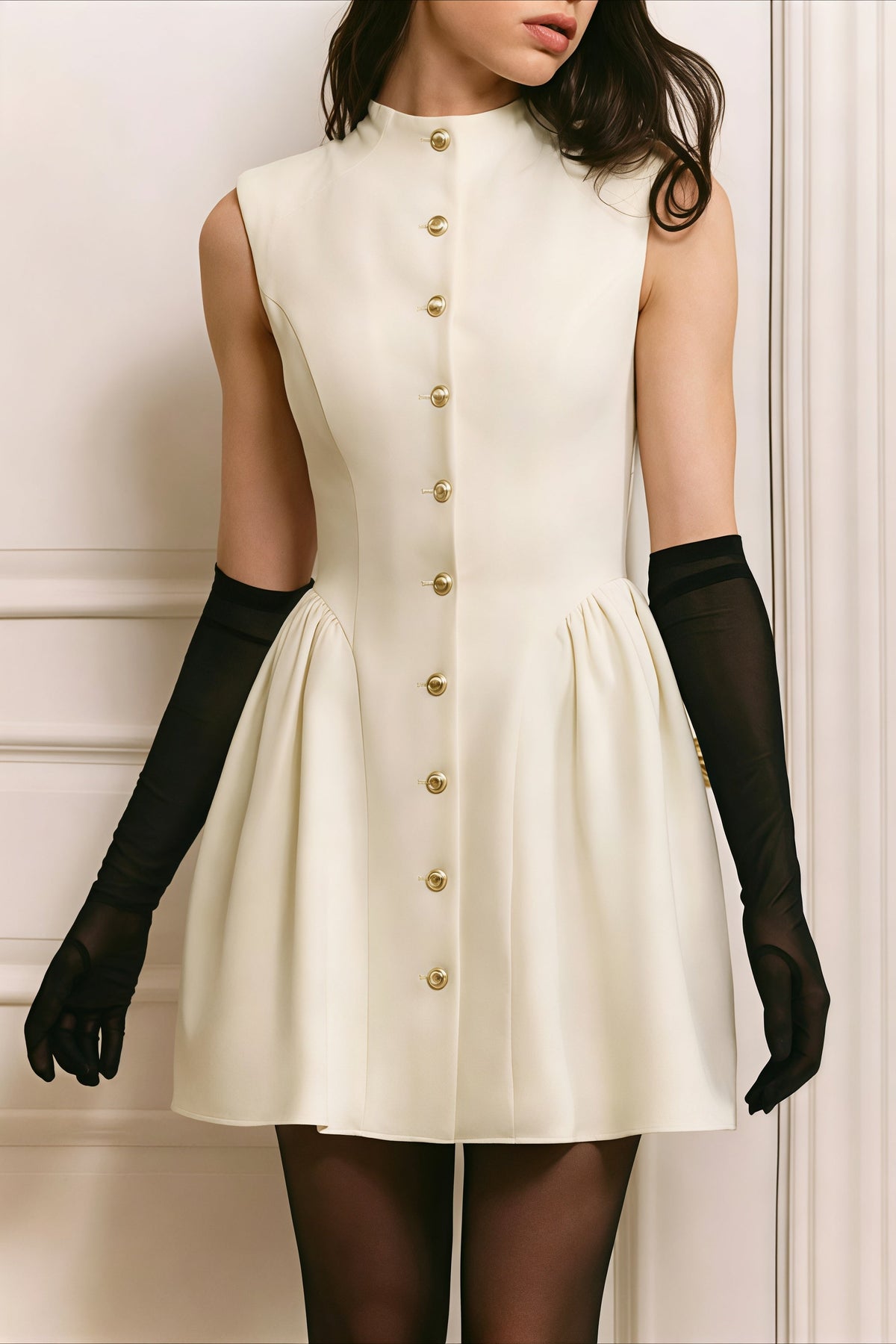 Mock Neck Button Front Pleated Fit and Flare A-Line Mini Dress - View 4