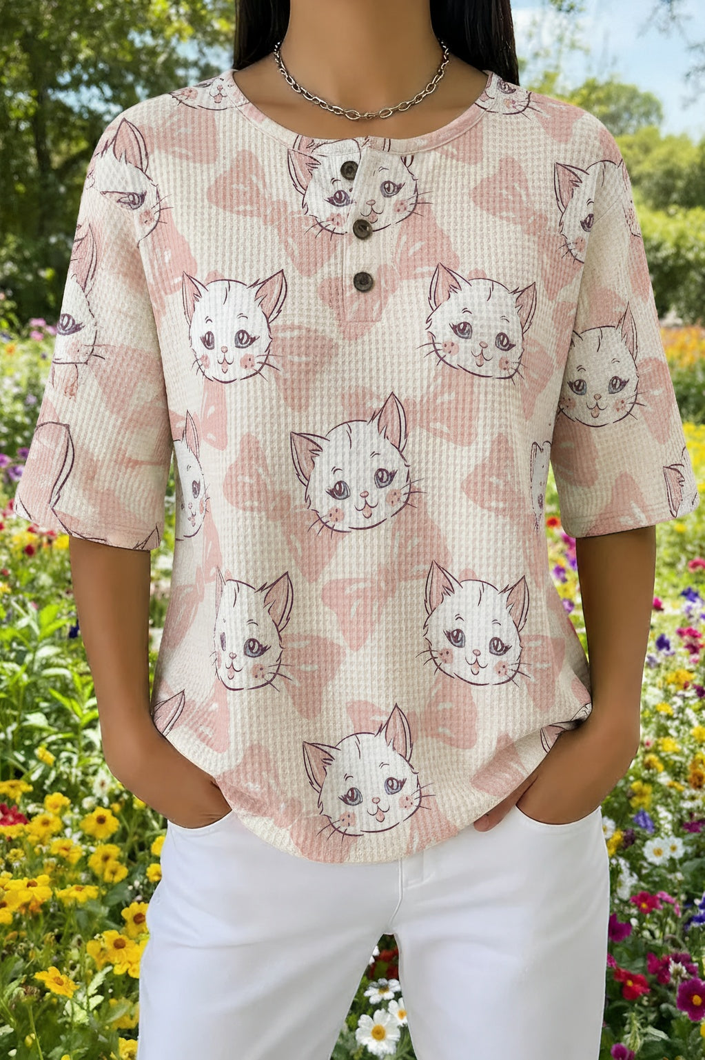 Cat Print Waffle Knit Short Sleeve Henley Top