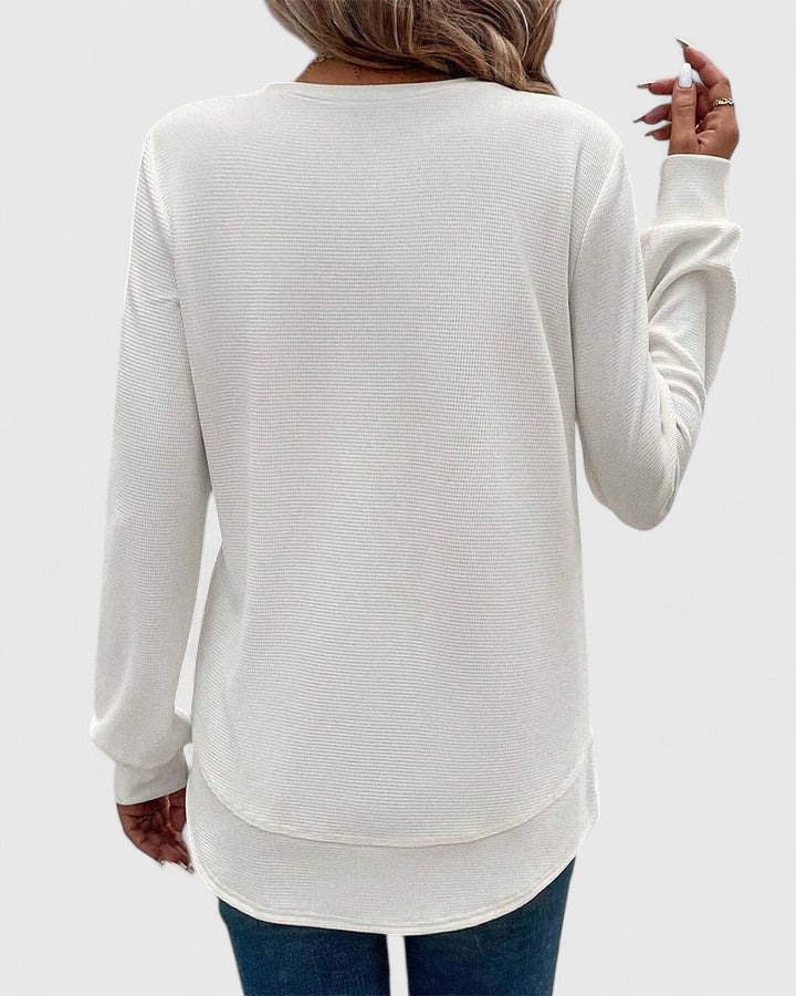 Crew Neck Long Sleeve Waffle Knit Curved Hem Top 4