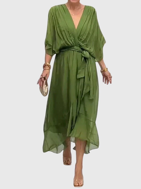 Chiffon V-Neck Batwing Sleeve Belted High Low Midi Dress