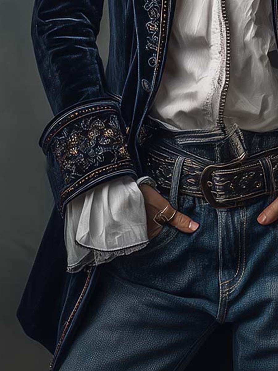 Embroidered Velvet Stand Collar Longline Jacket 7