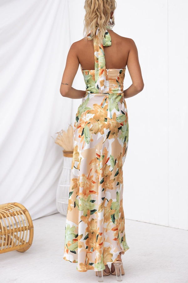 Satin Floral Halter Neck Backless Maxi Dress - View 5