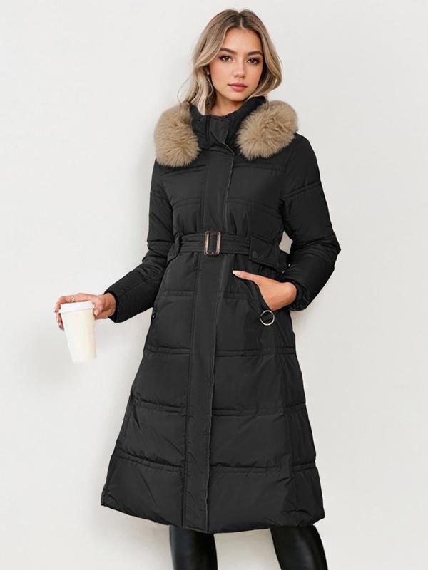 Faux Fur Hood Belted Quilted Longline Puffer Coat 4
