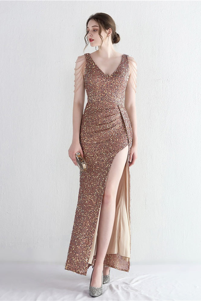 Sequin V-Neck Beaded Fringe High Split Mermaid Gown - View 11