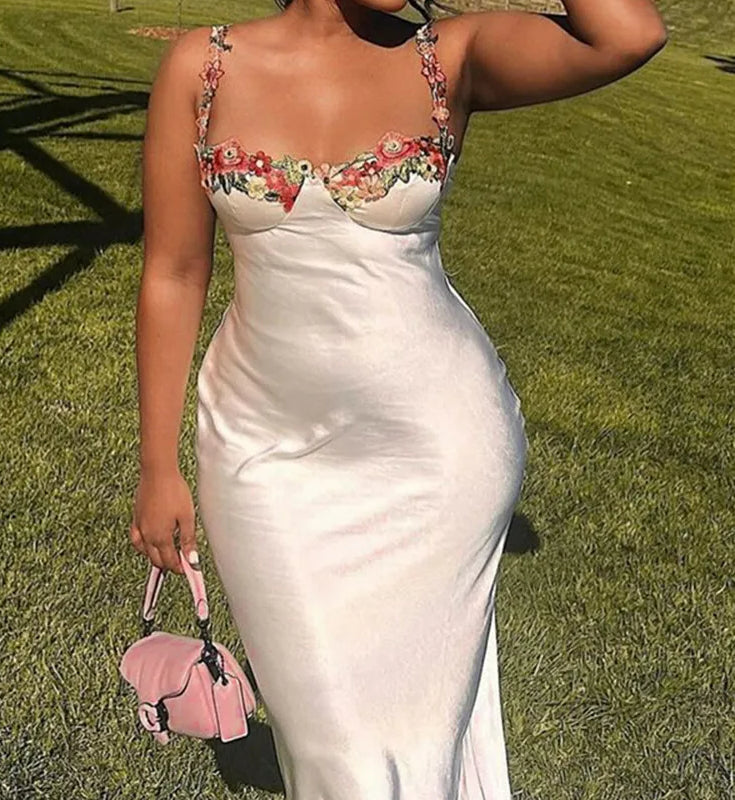 Satin Spaghetti Strap Floral Embroidered Bodycon Midi Dress - View 3