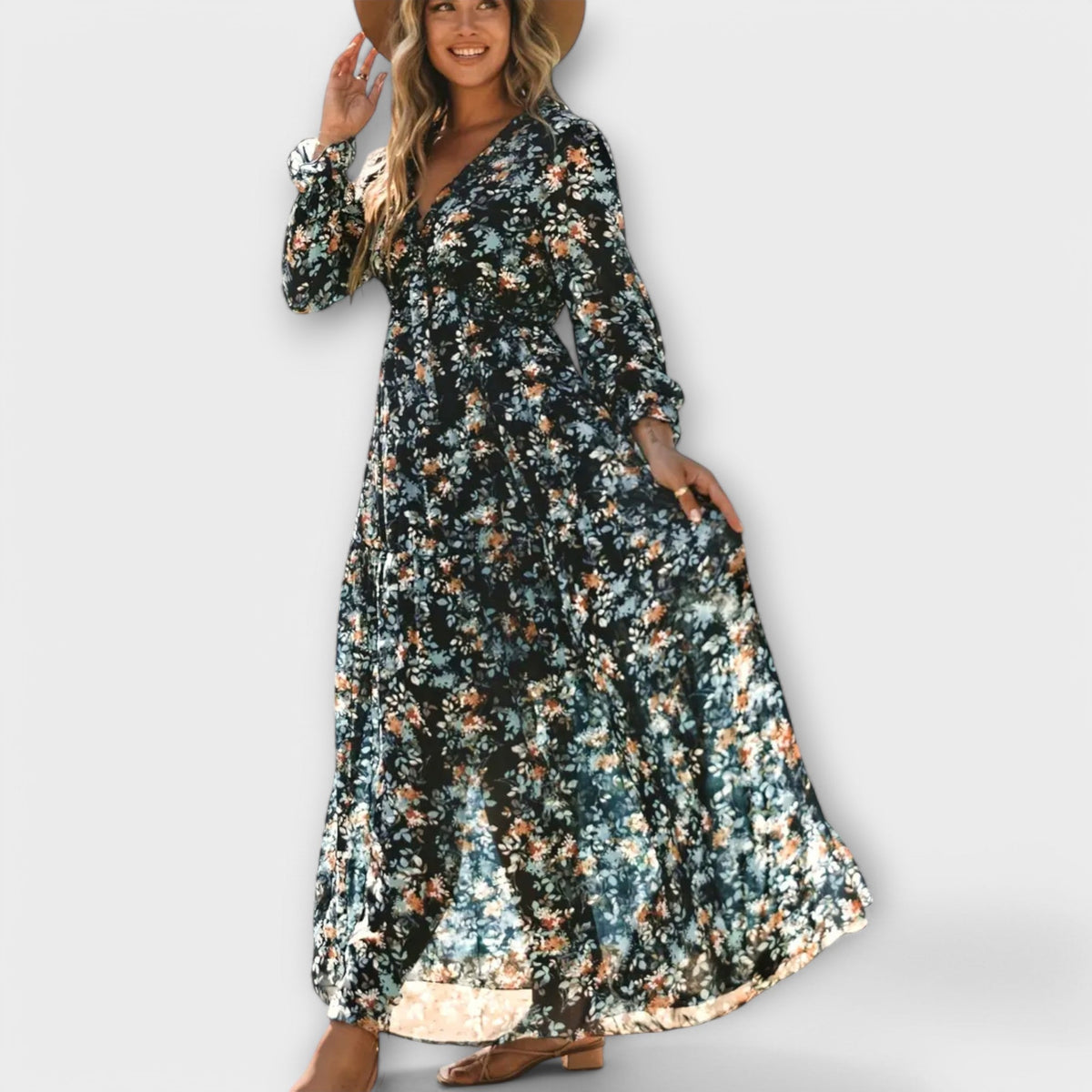 Floral V-Neck Long Sleeve Tiered Maxi Dress 4