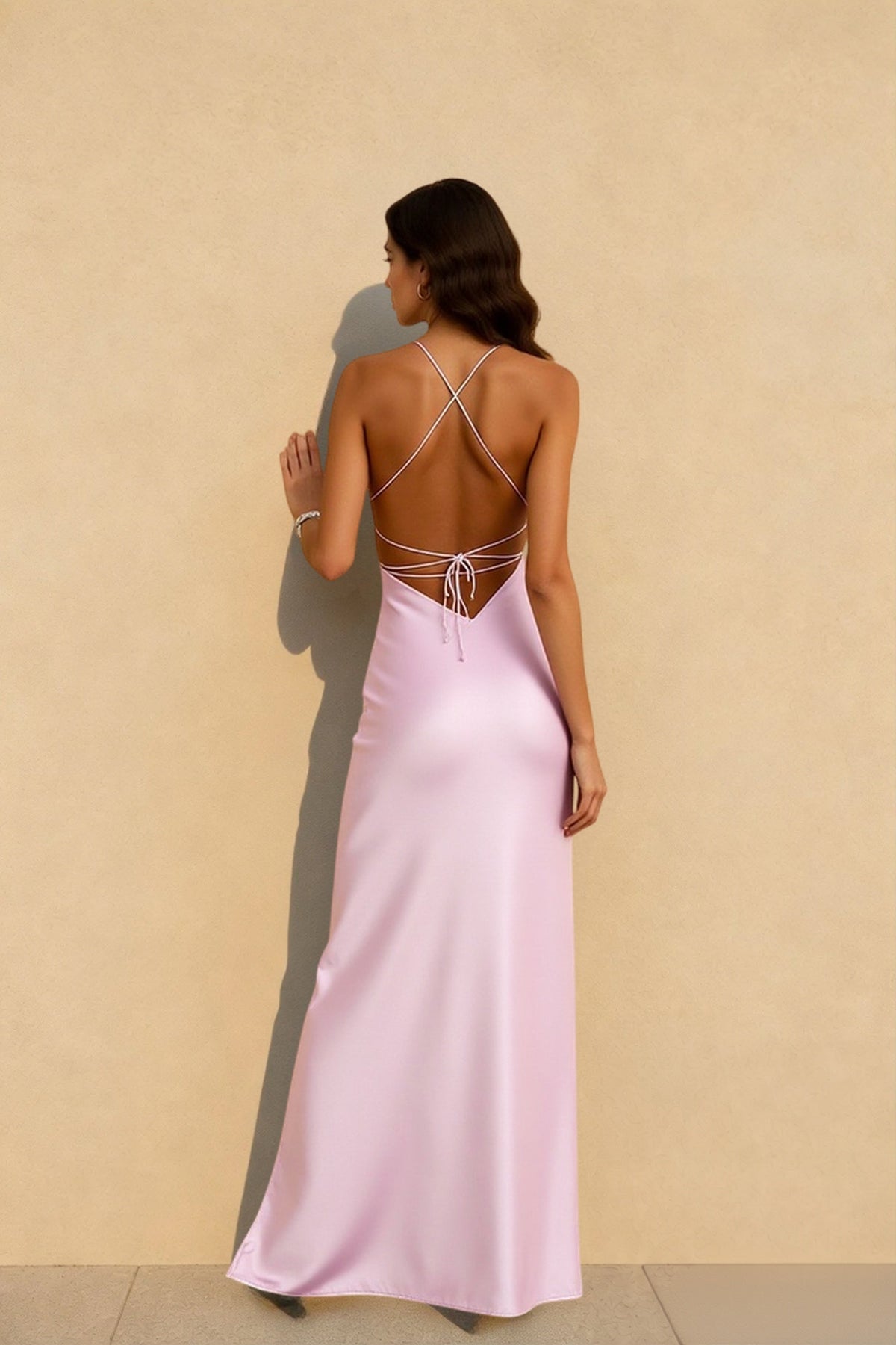 Backless Lace-Up Silk Dress - View 6