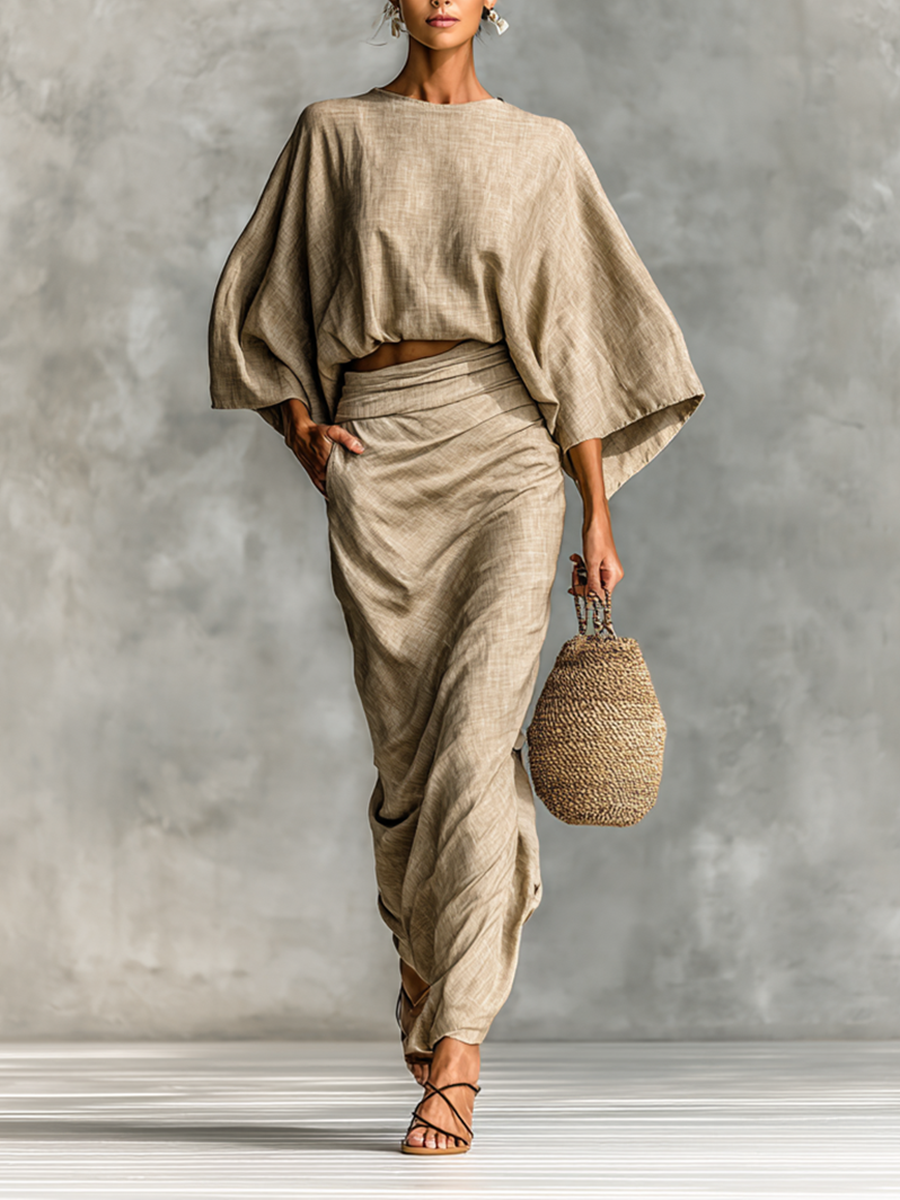 Dolman Sleeve Top and Ruched Maxi Skirt Two Piece Set