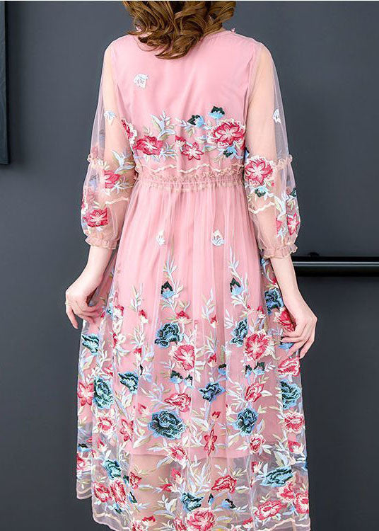 Floral Embroidery Mesh Overlay Bishop Sleeve A-Line Midi Dress - View 5