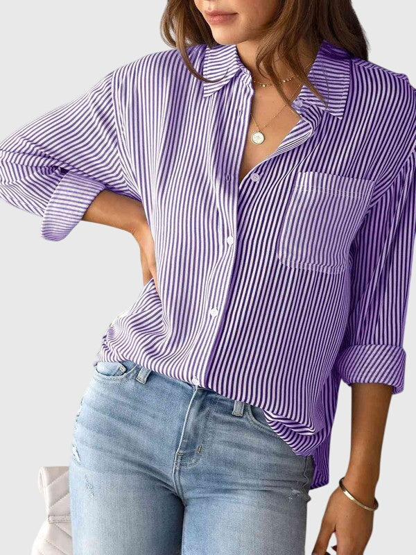 Striped Collared Three Quarter Sleeve Button Front Shirt 13