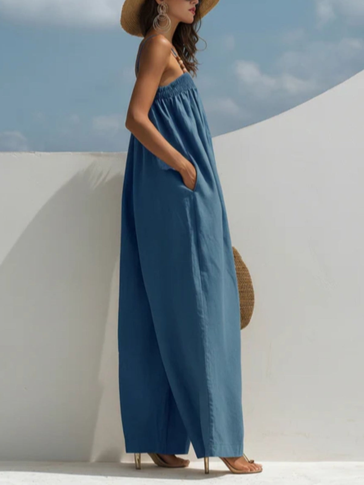 Spaghetti Strap Wide Leg Denim Look Overall Jumpsuit 3