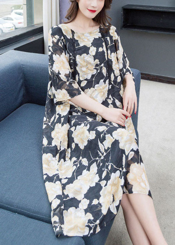 Floral Lace Trim Elbow Sleeve Round Neck Shift Midi Dress - View 3