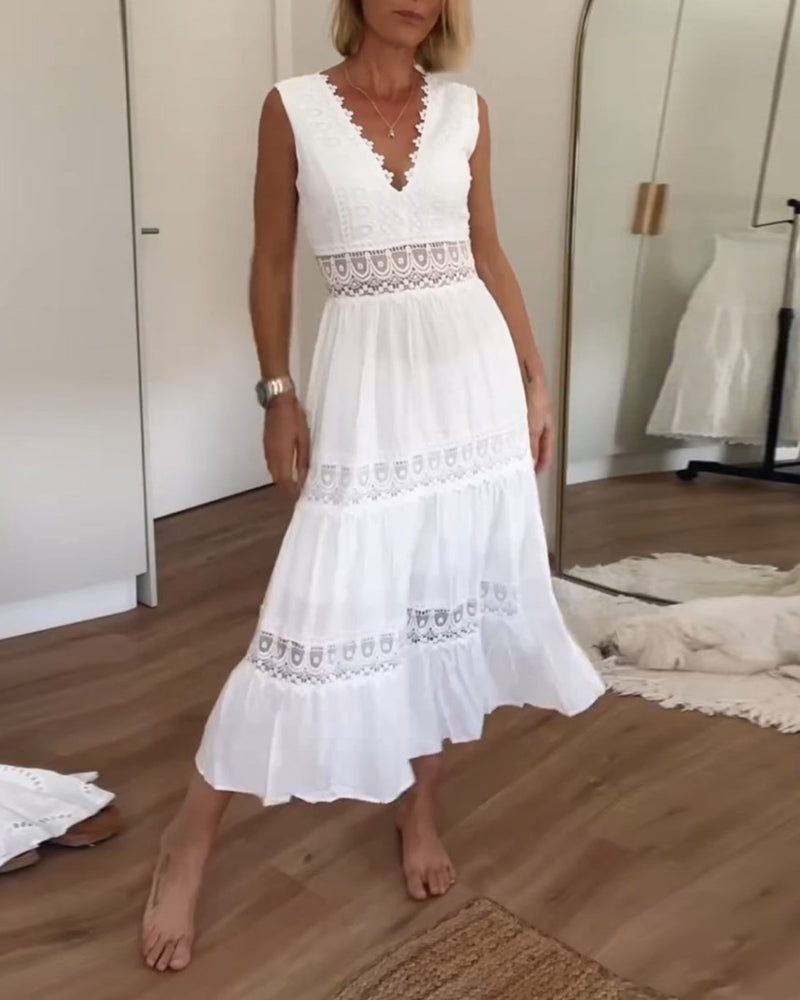 Lace Trim Sleeveless Deep V-Neck Tiered Midi Dress