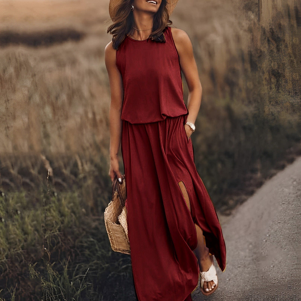 Satin Crew Neck Sleeveless High Split Maxi Summer Dress - View 6